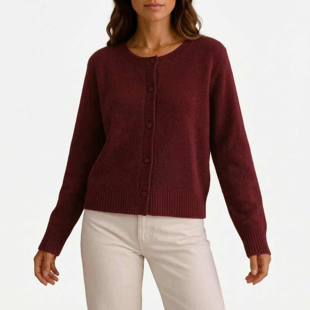 Women's grey fine knit cardigan with round neck and button front