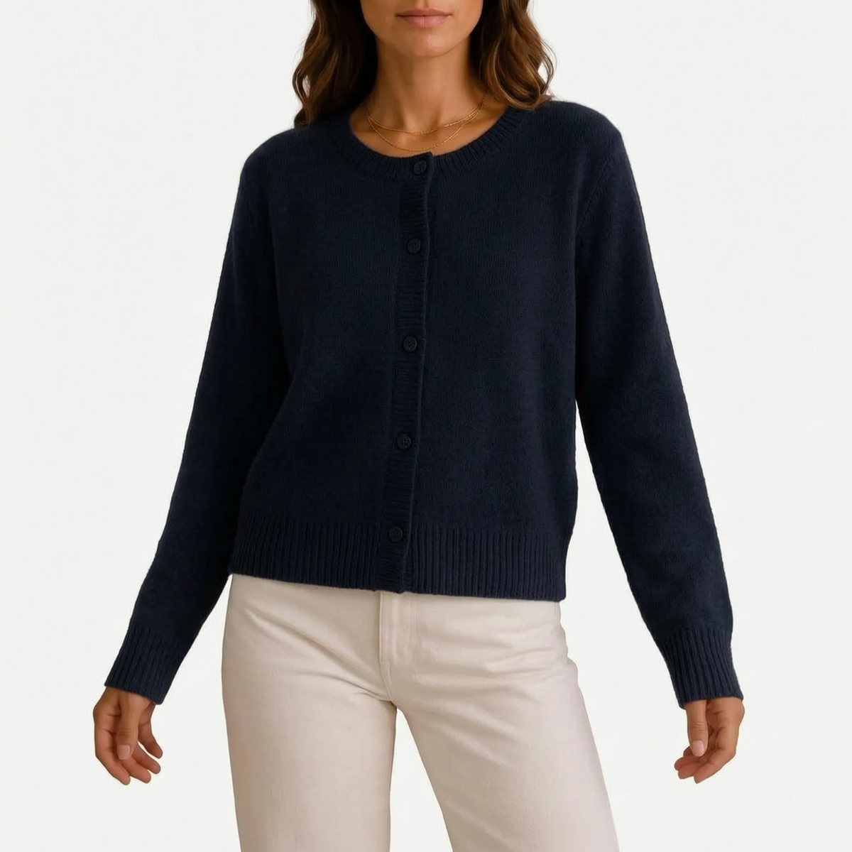 Women's grey fine knit cardigan with round neck and button front