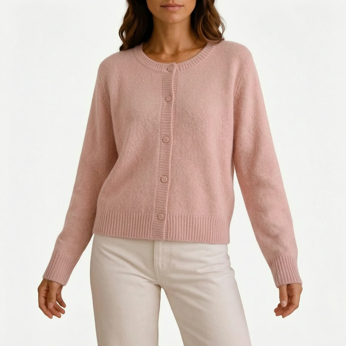 Women's grey fine knit cardigan with round neck and button front