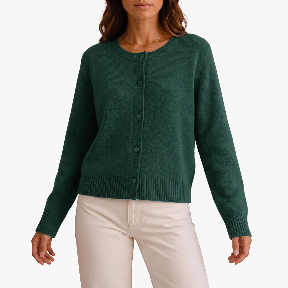 Women's grey fine knit cardigan with round neck and button front