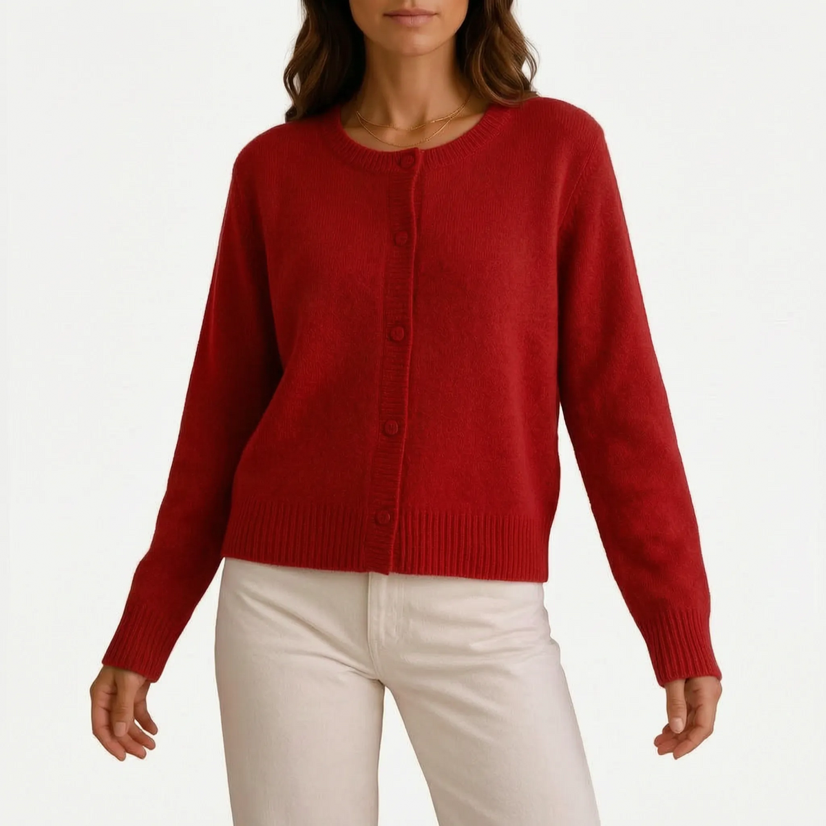 Women's grey fine knit cardigan with round neck and button front