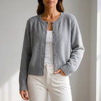 Women's grey fine knit cardigan with round neck and button front