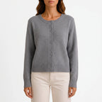 Women's grey fine knit cardigan with round neck and button front