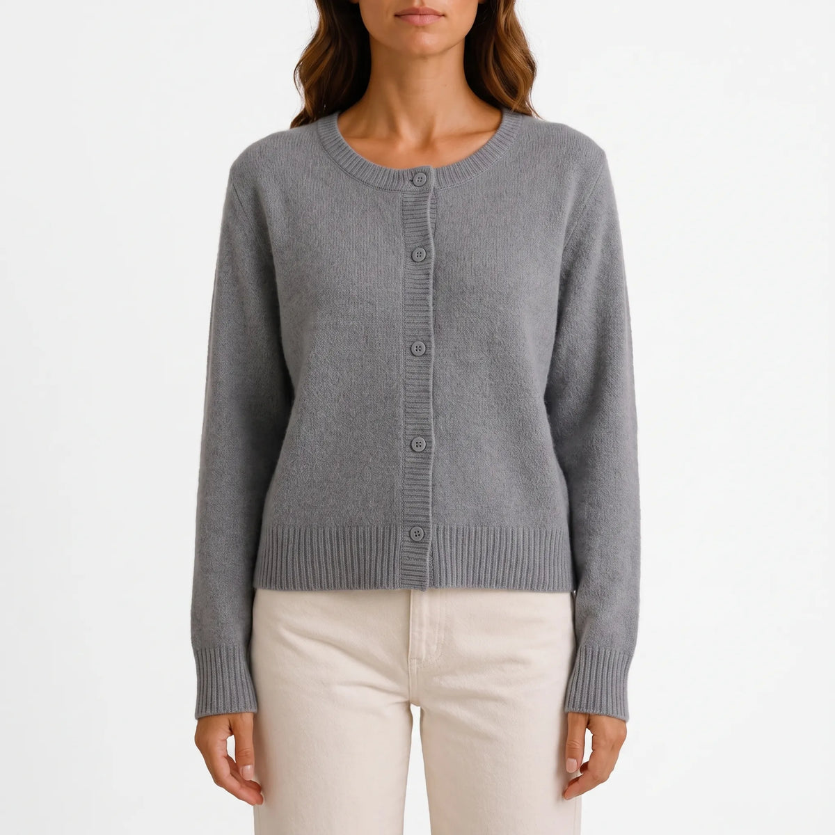 Women's grey fine knit cardigan with round neck and button front