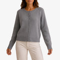 Women's grey fine knit cardigan with round neck and button front