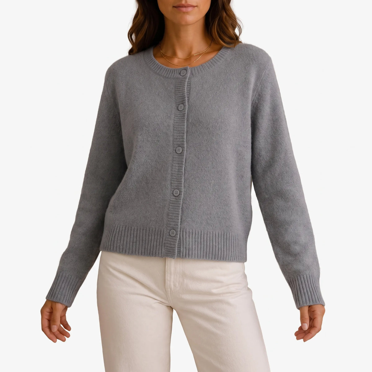 Women's grey fine knit cardigan with round neck and button front