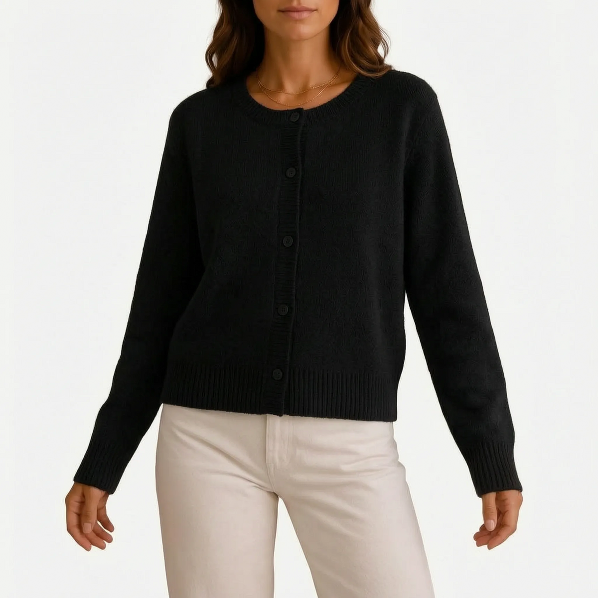 Women's grey fine knit cardigan with round neck and button front