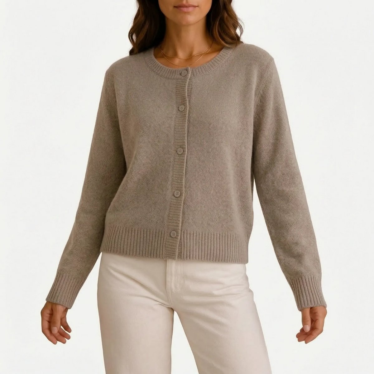 Women's grey fine knit cardigan with round neck and button front