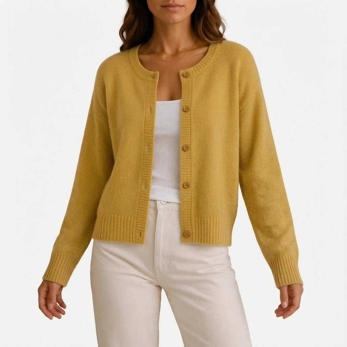 Women's grey fine knit cardigan with round neck and button front