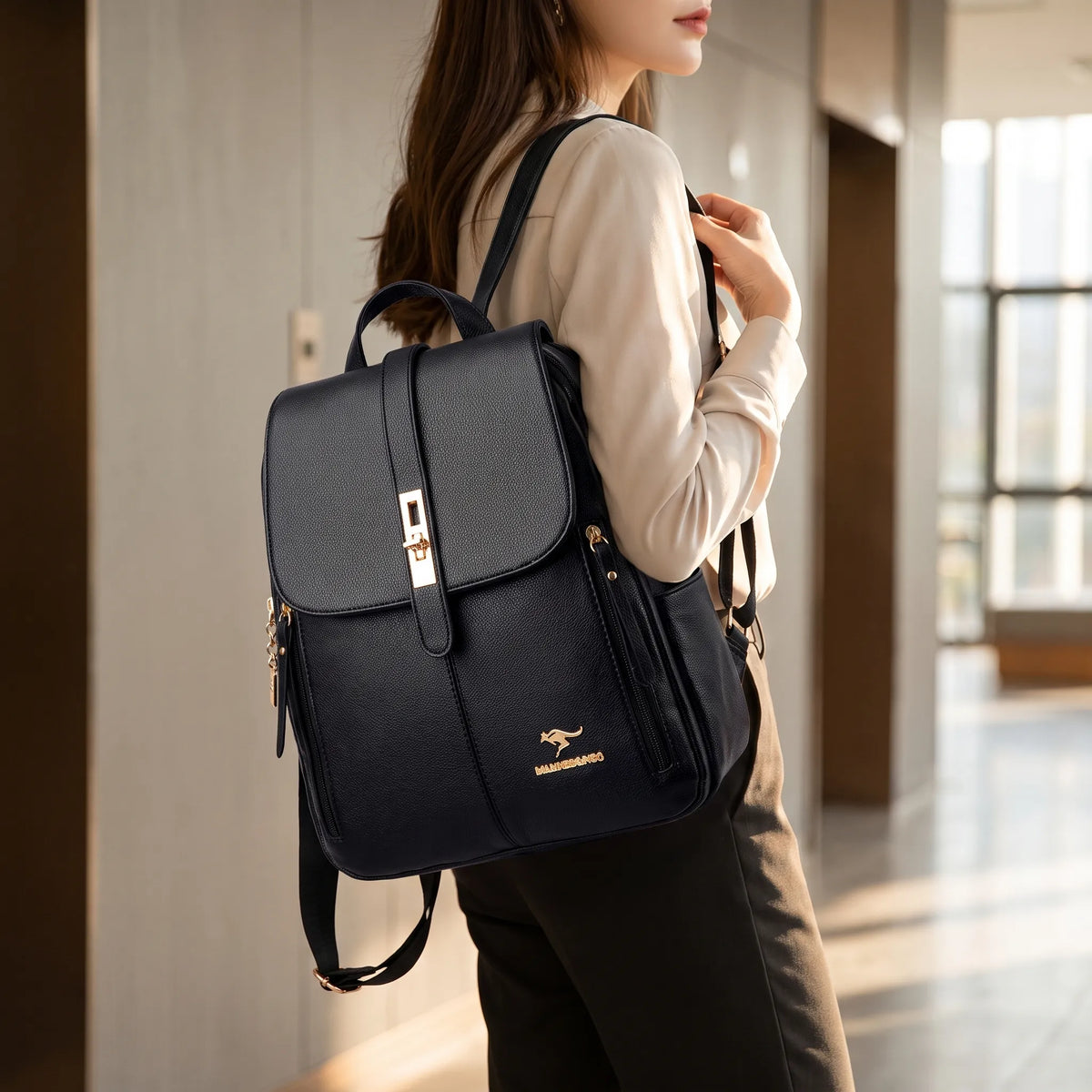 Structured plain backpack with flap front, adjustable straps and side zips