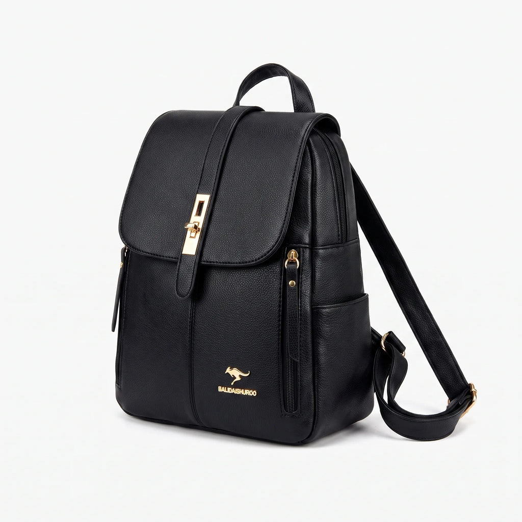 Structured plain backpack with flap front, adjustable straps and side zips