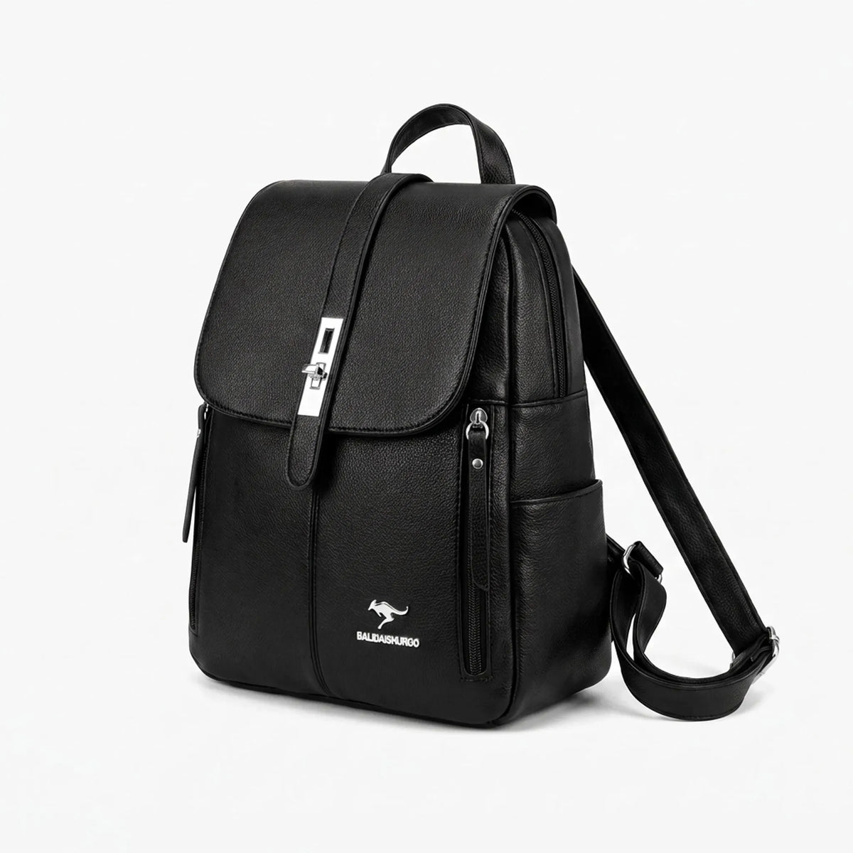 Structured plain backpack with flap front, adjustable straps and side zips