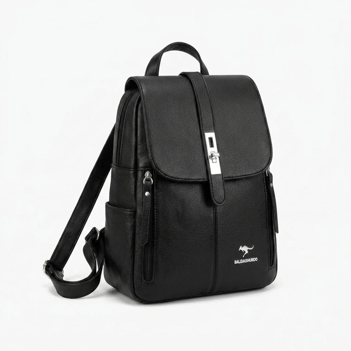 Structured plain backpack with flap front, adjustable straps and side zips
