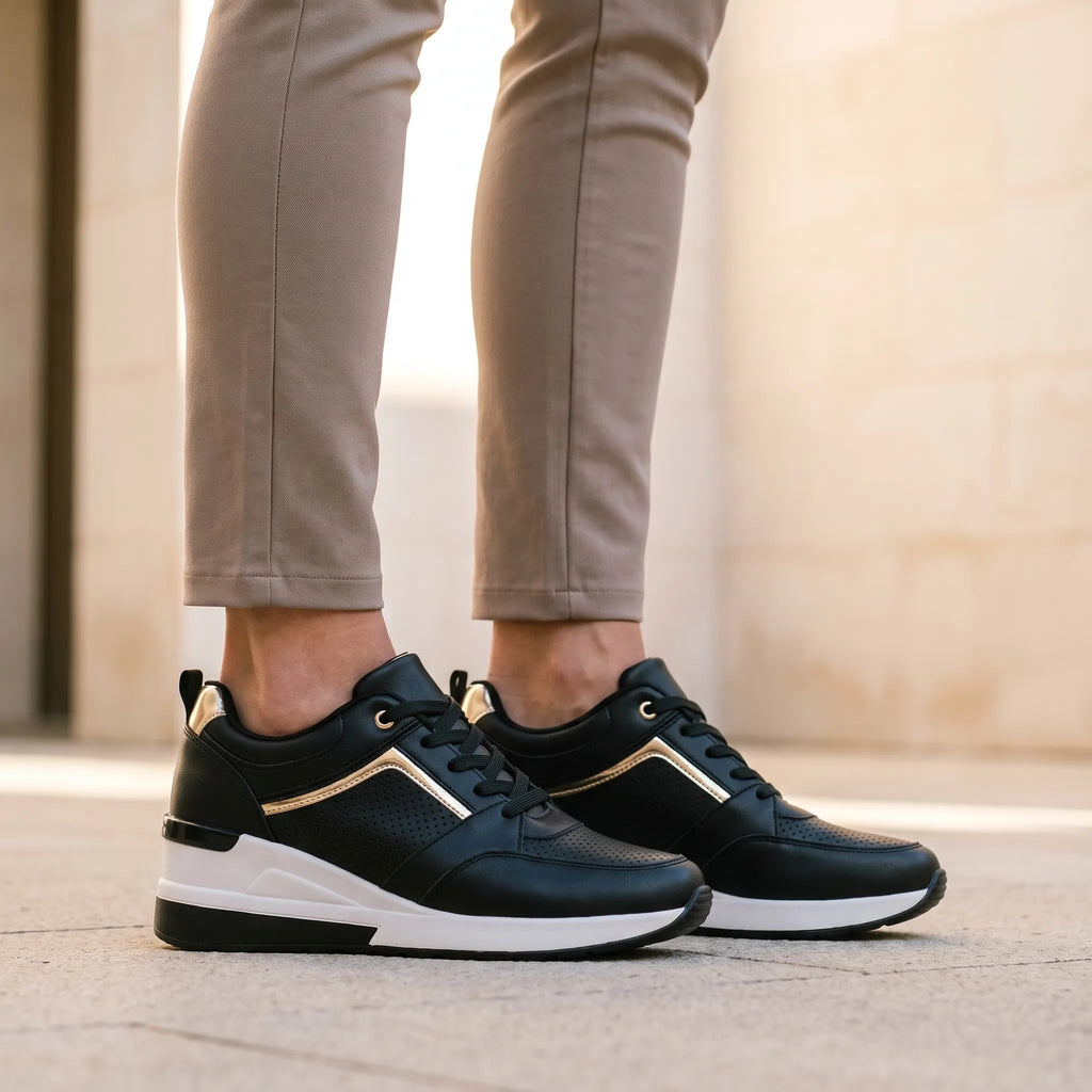 Women's lace-up wedge trainers with perforated panels and raised soles