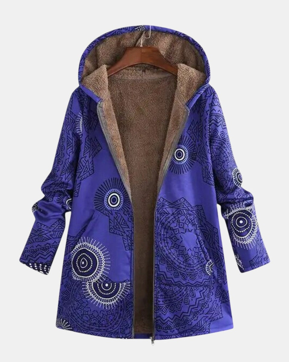 Blue geometric mandala patterned longline hoodie with brown lining