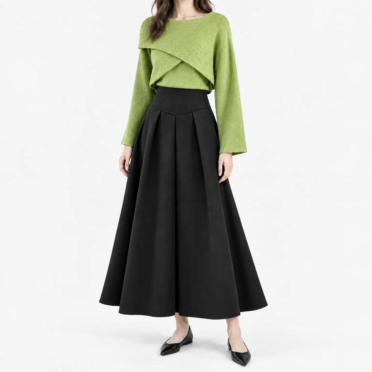 Women's two-piece outfit with crossover knit top and flared midi skirt