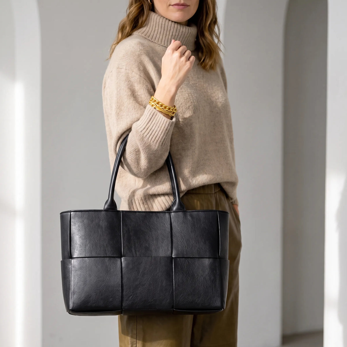 Structured panel tote bag with double handles and open top
