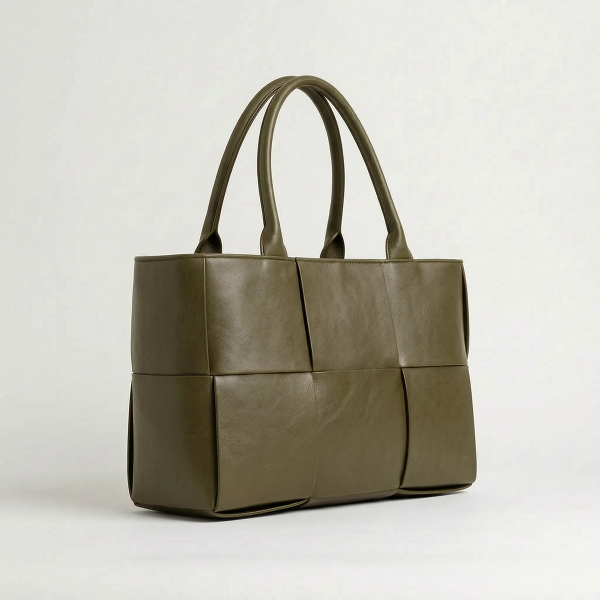 Structured panel tote bag with double handles and open top