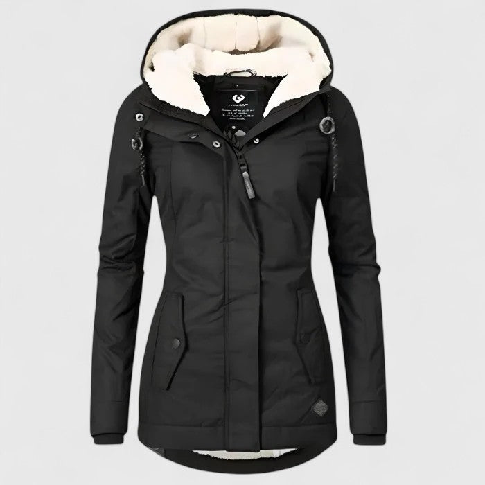 Women's hooded fleece-lined parka with long sleeves and front zip