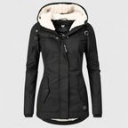 Women's hooded fleece-lined parka with long sleeves and front zip
