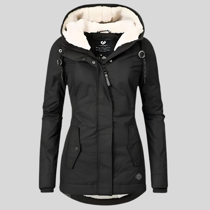 Women's hooded winter parka coat with faux fur-trimmed hood and front pockets