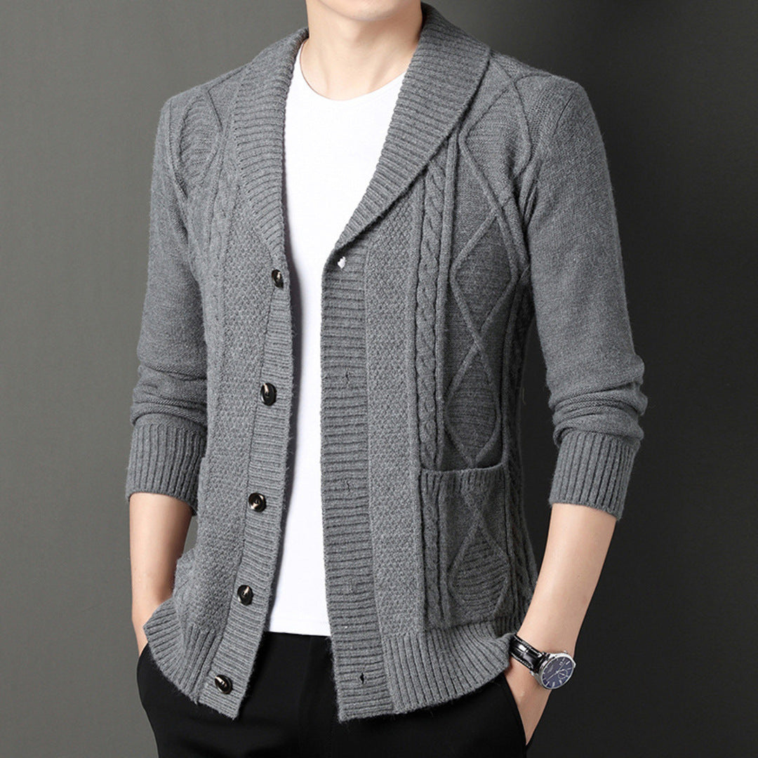 Men's textured shawl collar cardigan with button front, long sleeves and ribbed trims