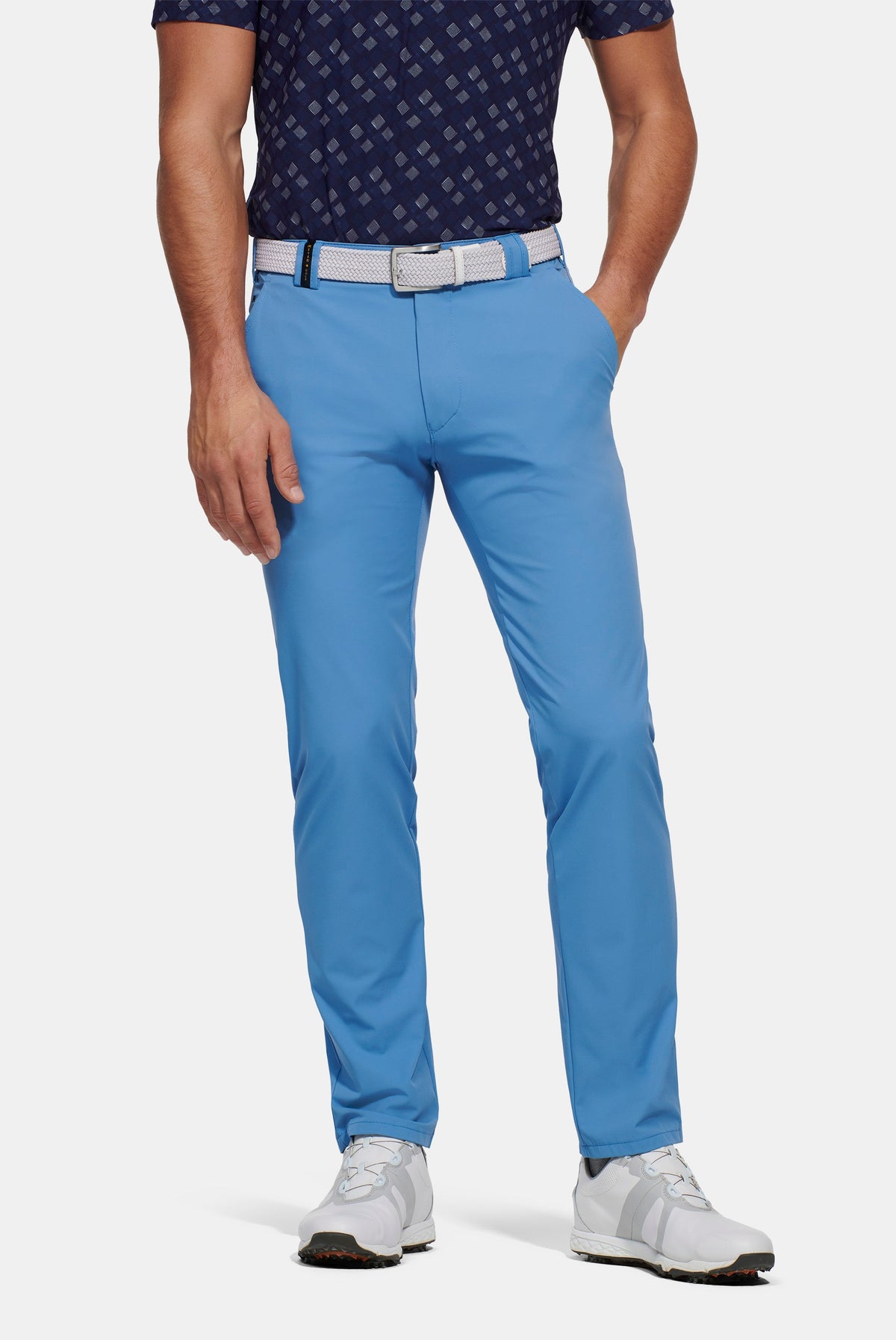 Men's full-length straight-fit chino trousers shown in grey and navy