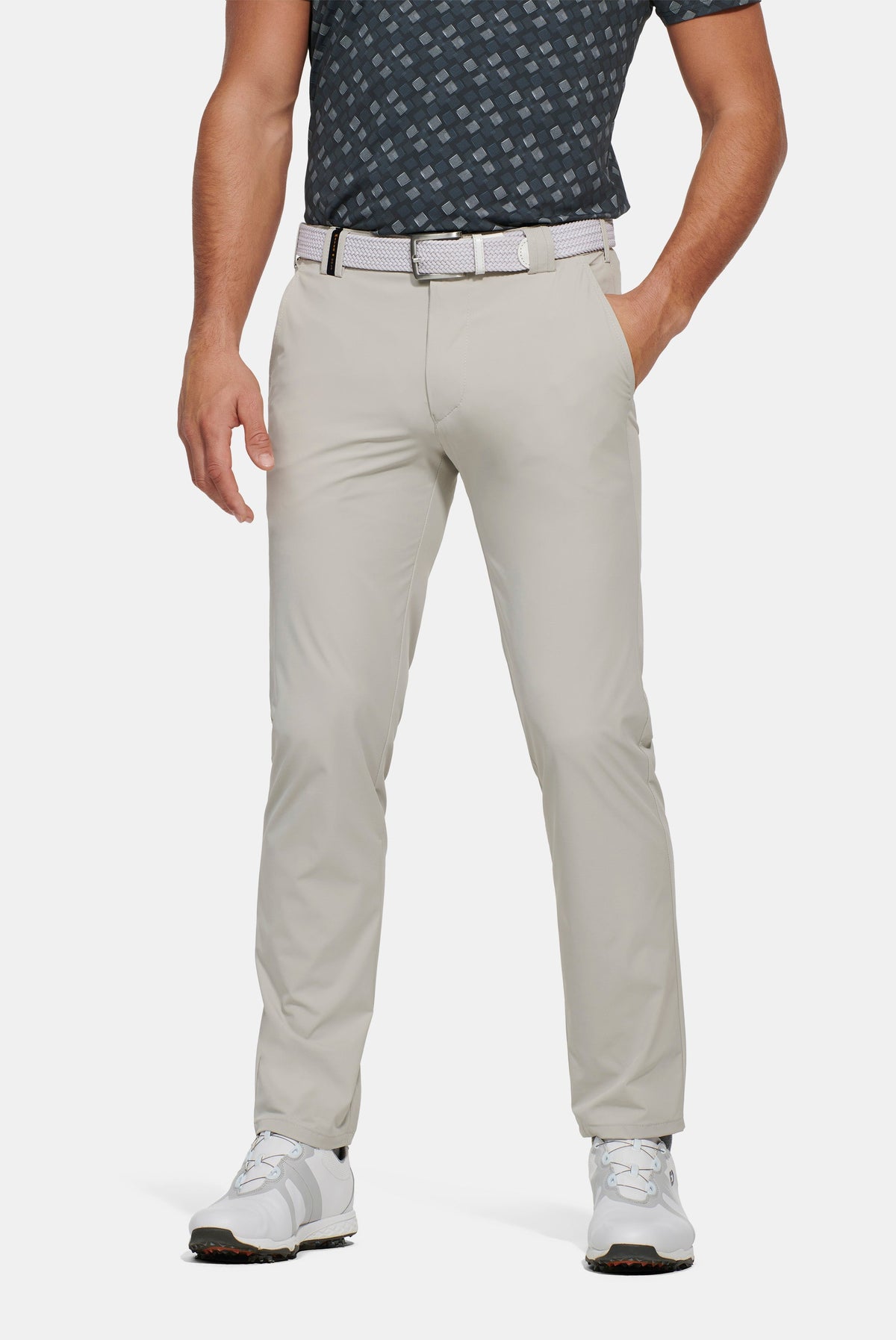 Men's full-length straight-fit chino trousers shown in grey and navy
