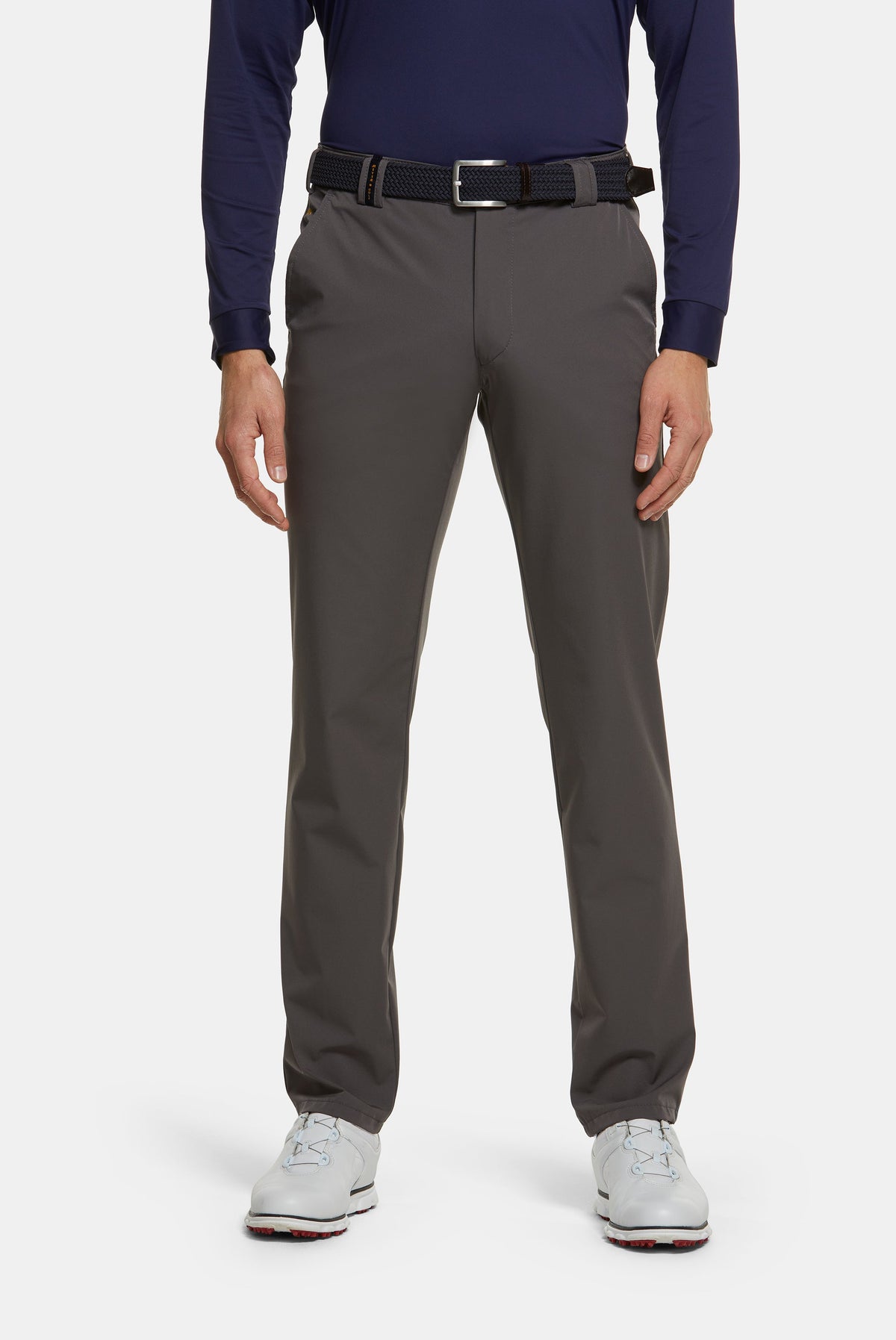 Men's full-length straight-fit chino trousers shown in grey and navy