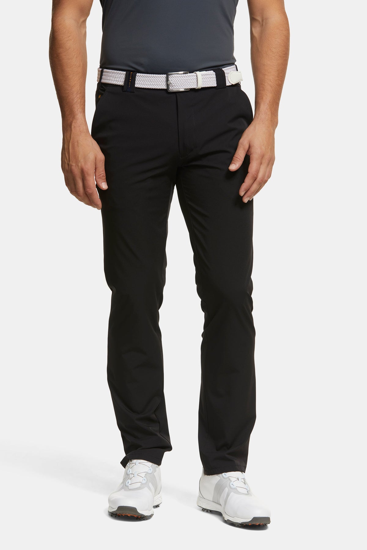 Men's full-length straight-fit chino trousers shown in grey and navy