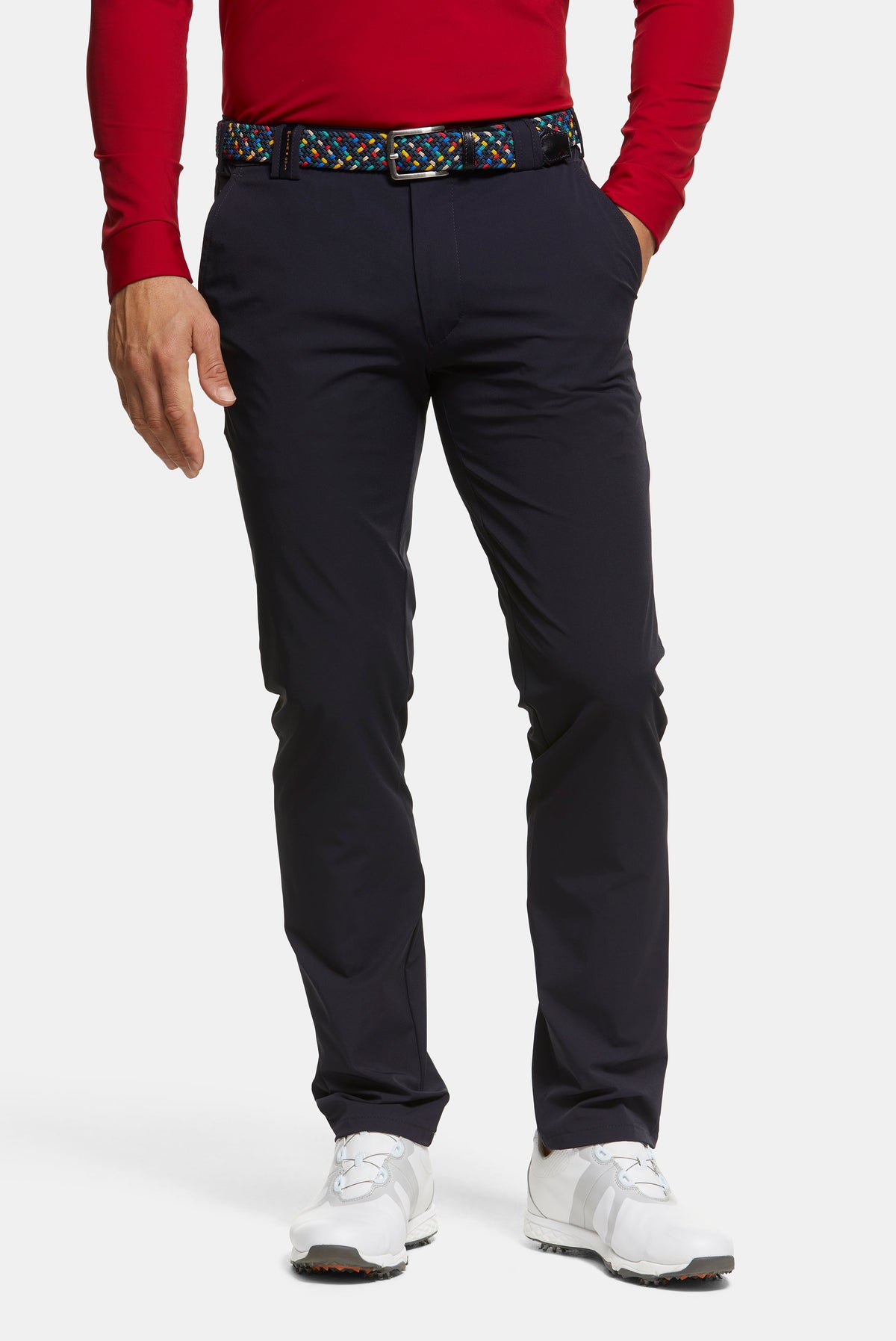 Men's full-length straight-fit chino trousers shown in grey and navy