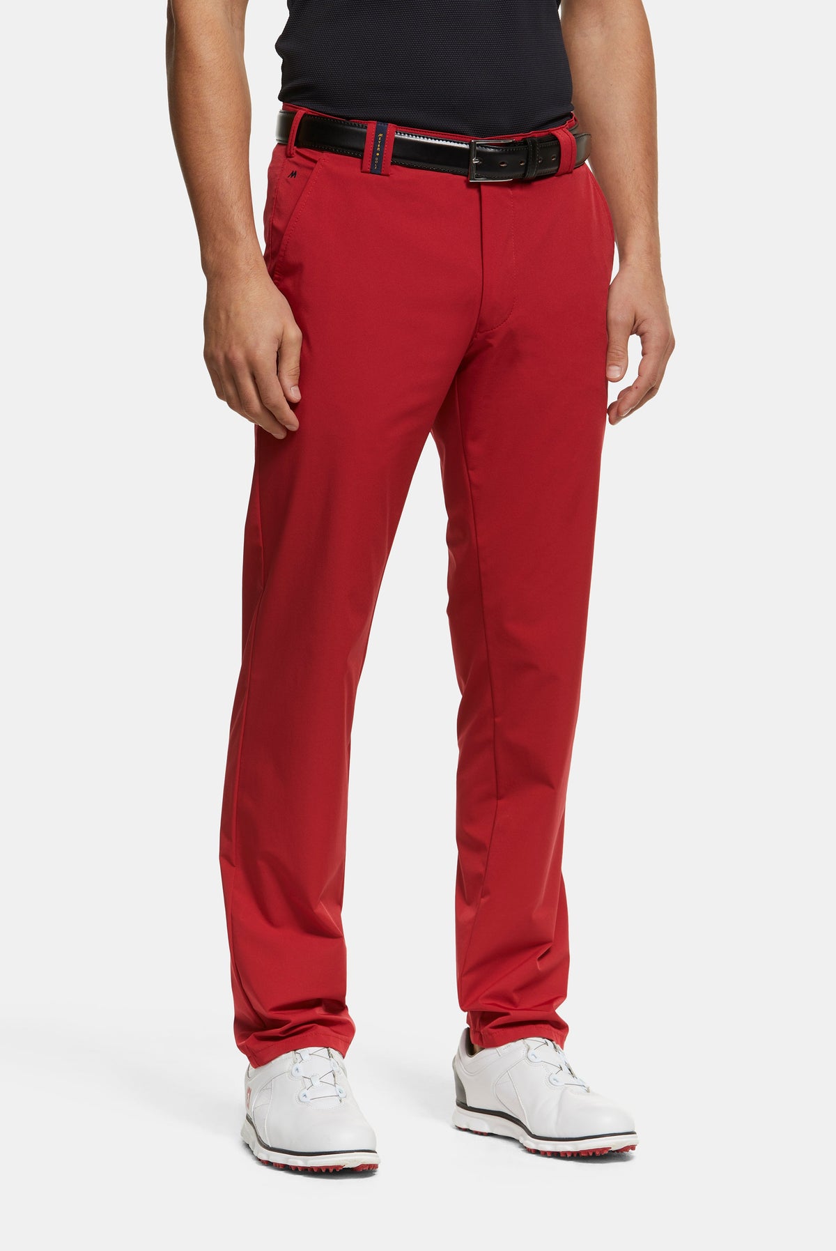 Men's full-length straight-fit chino trousers shown in grey and navy