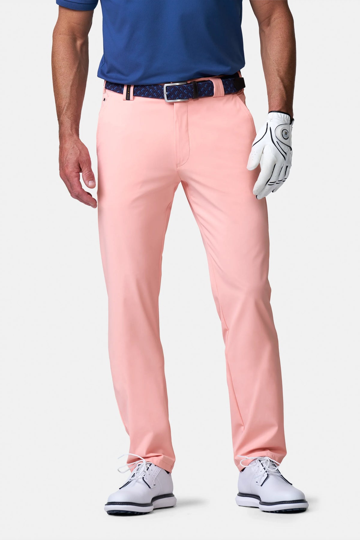 Men's full-length straight-fit chino trousers shown in grey and navy