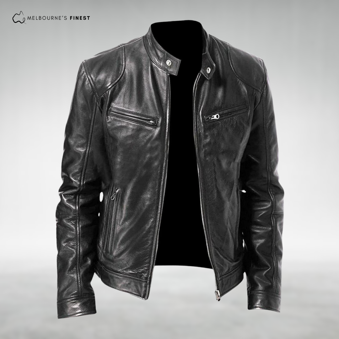 Men's stand collar zip-front jacket with long sleeves and four zipped pockets