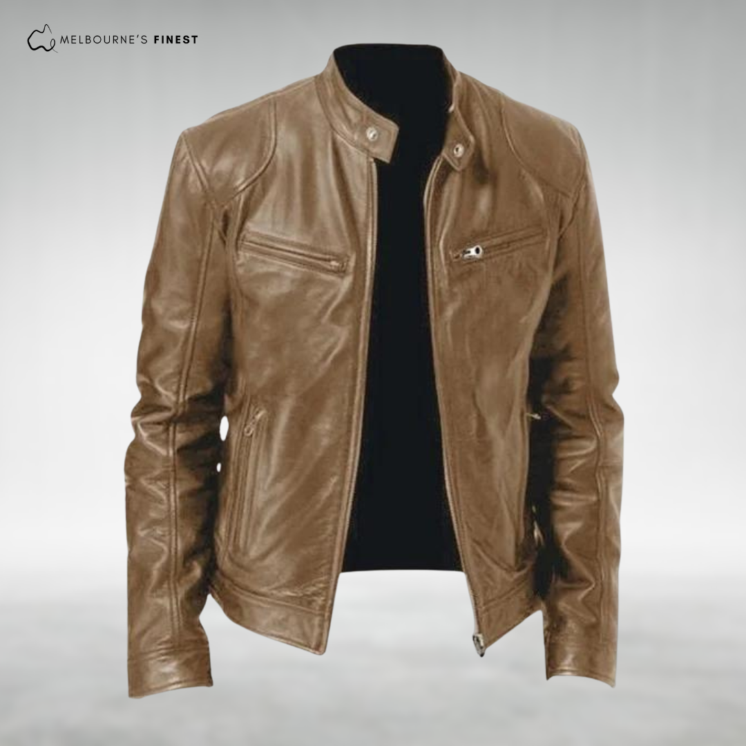 Men's stand collar zip-front jacket with long sleeves and four zipped pockets