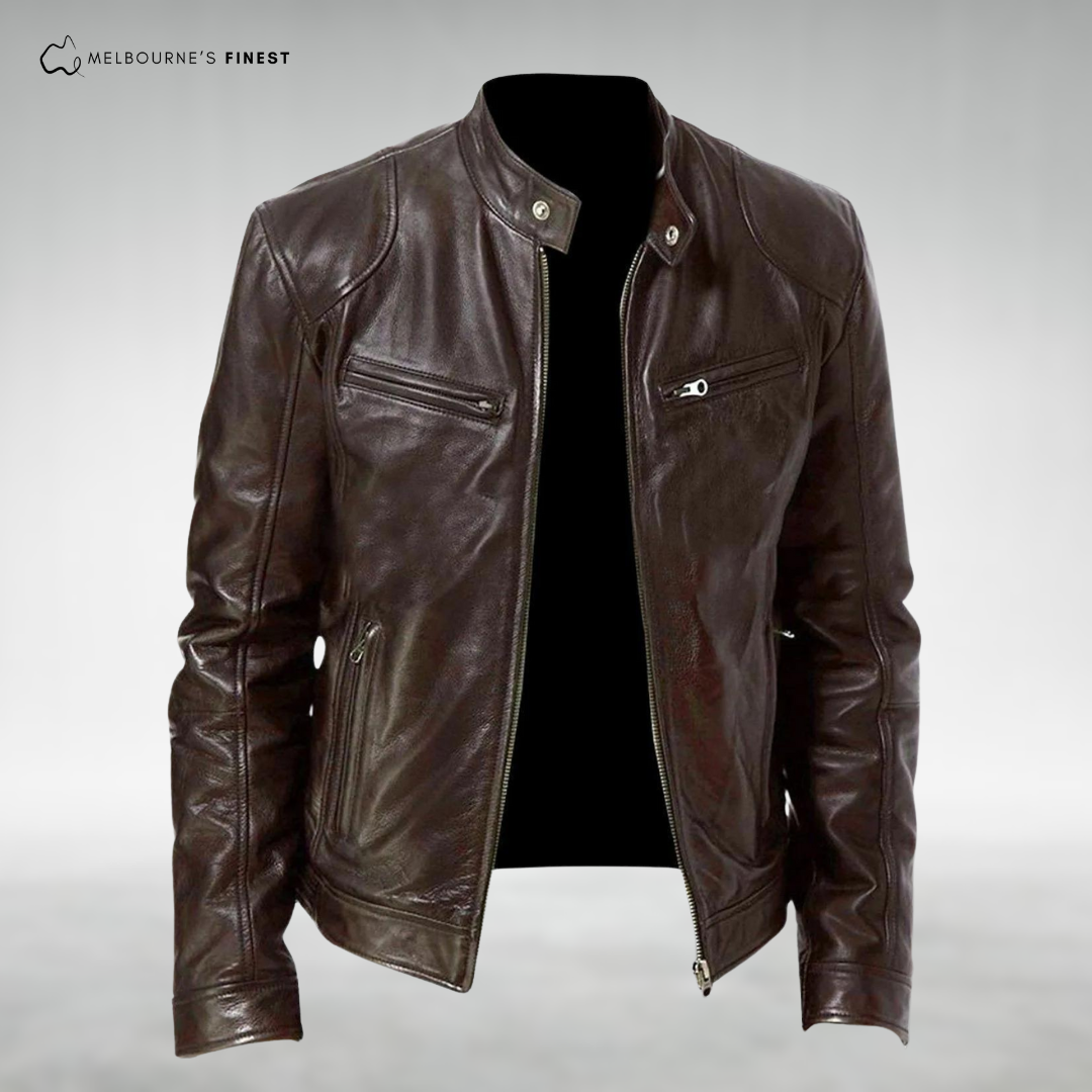 Men's stand collar zip-front jacket with long sleeves and four zipped pockets