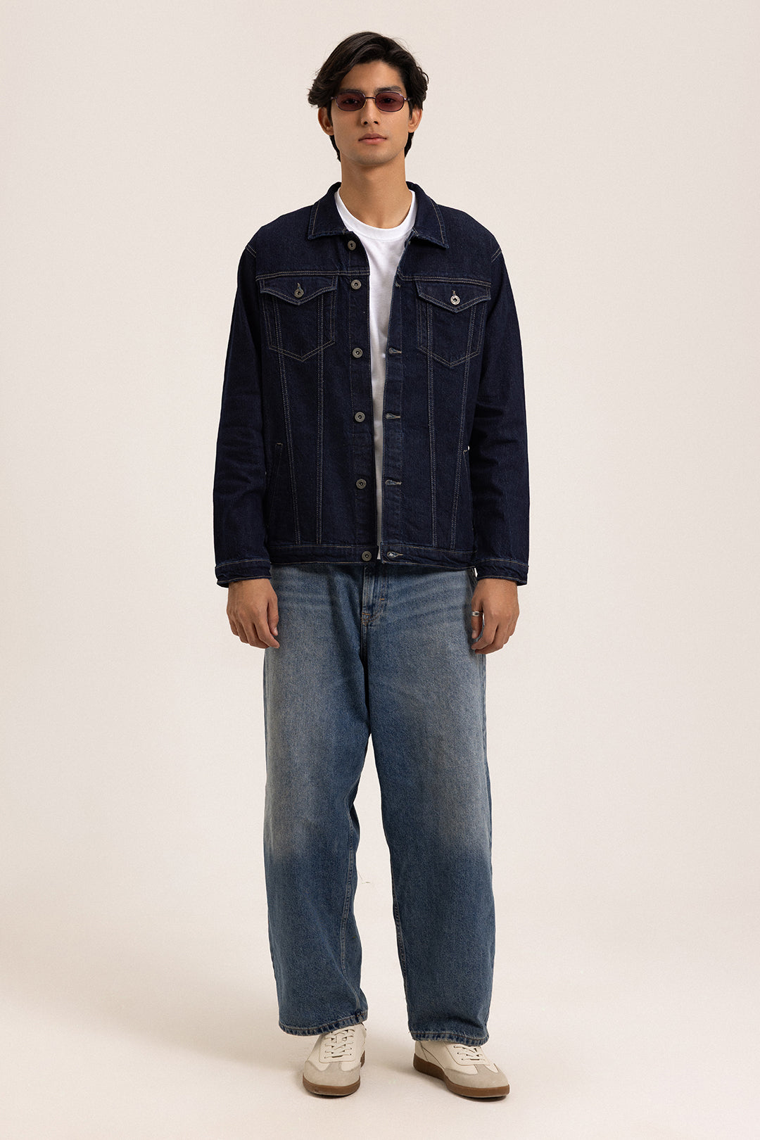 Men's indigo button-front jacket with point collar and chest pockets