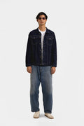 Men's indigo button-front jacket with point collar and chest pockets