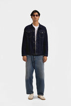 Men's indigo button-front jacket with point collar and chest pockets