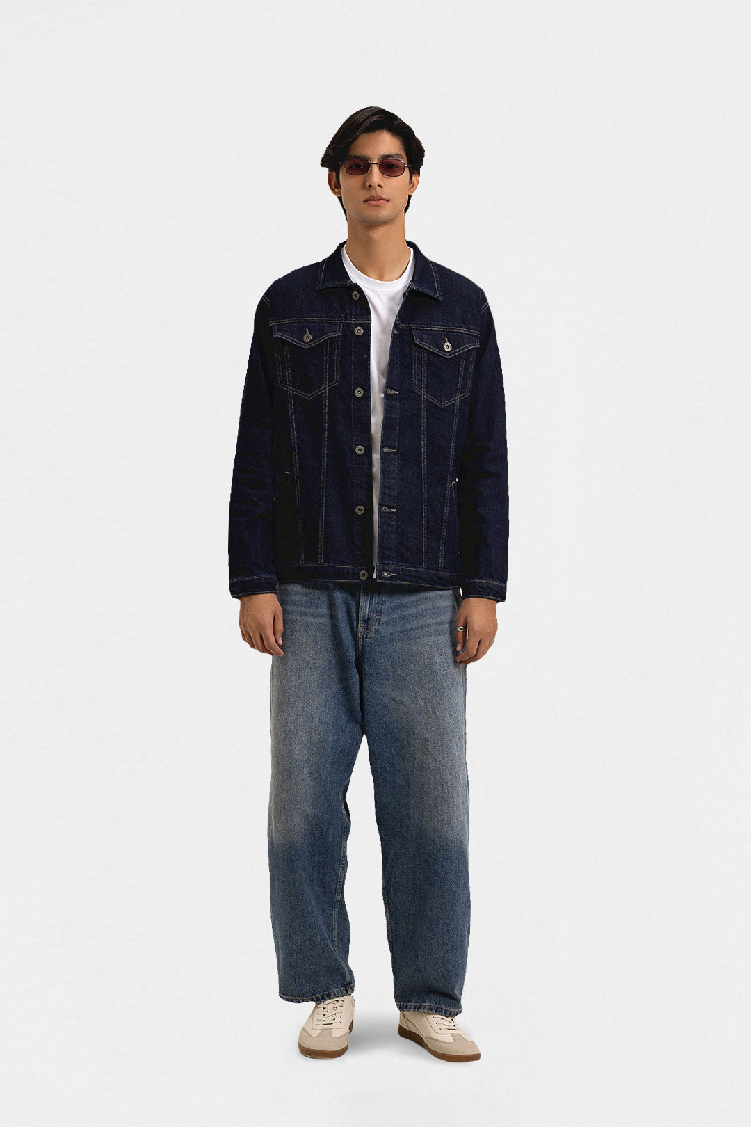 Men's indigo button-front jacket with point collar and chest pockets