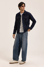 Men's indigo button-front jacket with point collar and chest pockets