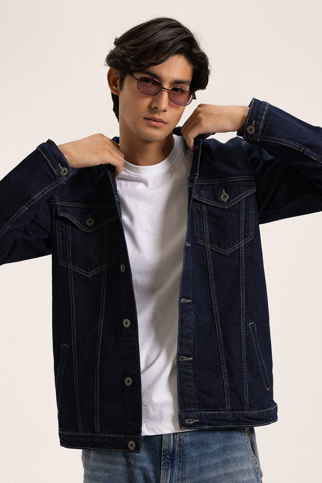 Men's indigo button-front jacket with point collar and chest pockets