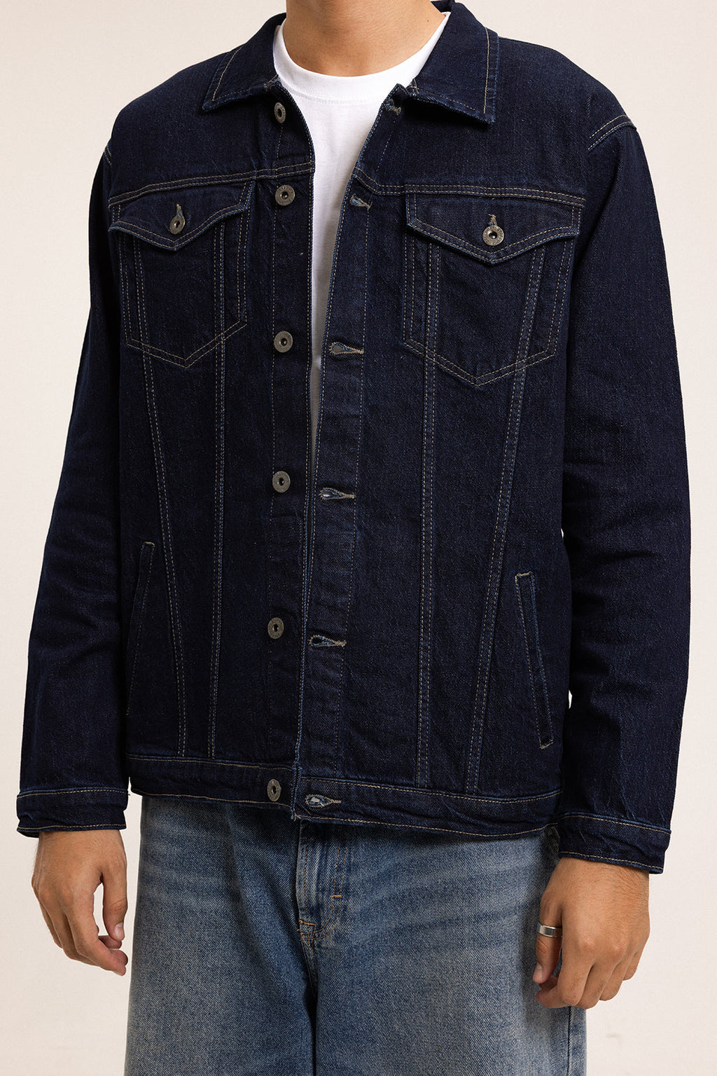Men's indigo button-front jacket with point collar and chest pockets