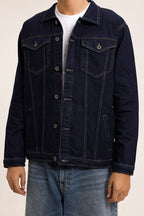 Men's indigo button-front jacket with point collar and chest pockets