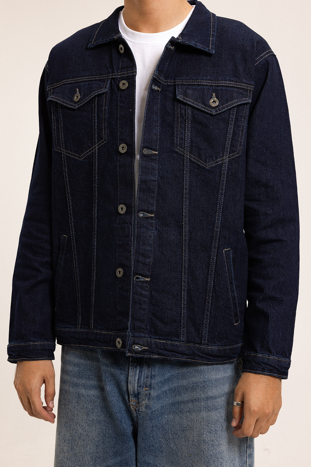 Men's indigo button-front jacket with point collar and chest pockets