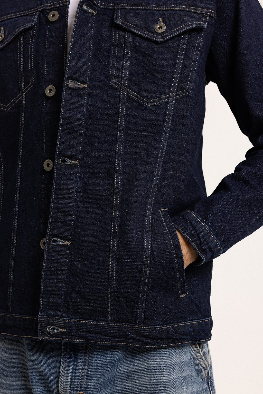 Men's indigo button-front jacket with point collar and chest pockets