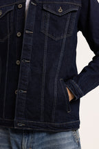 Men's indigo button-front jacket with point collar and chest pockets