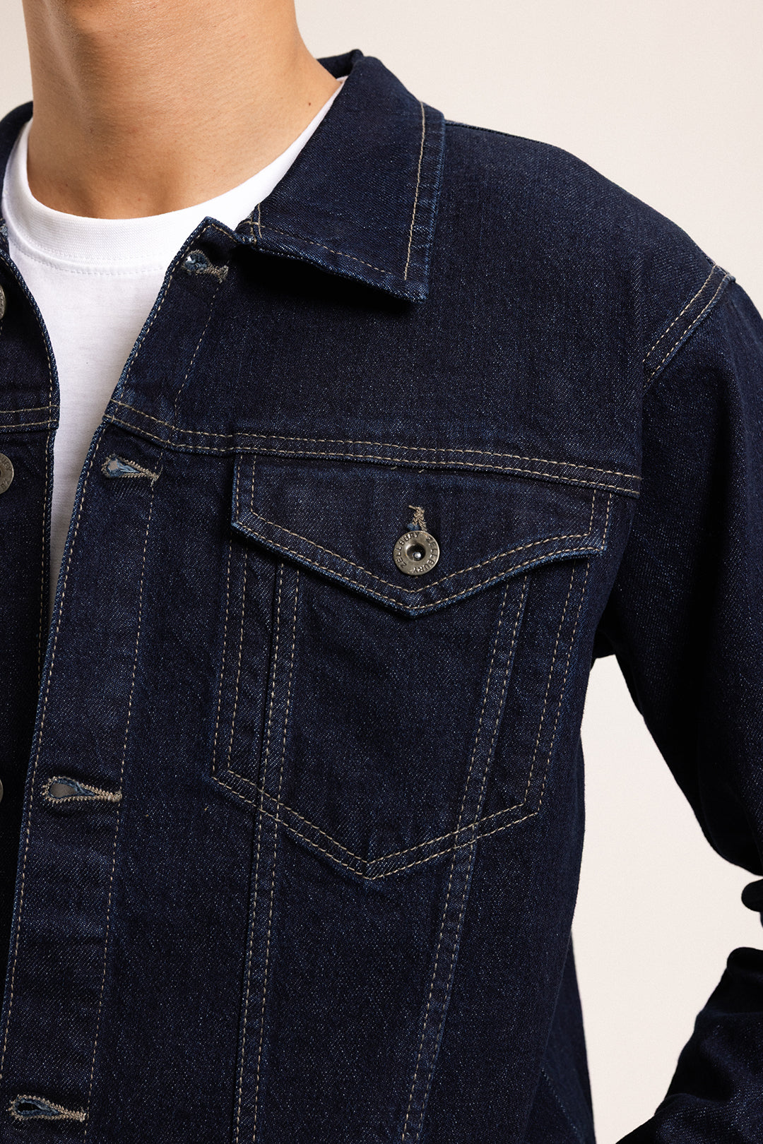 Men's indigo button-front jacket with point collar and chest pockets