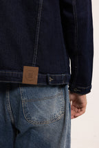 Men's indigo button-front jacket with point collar and chest pockets