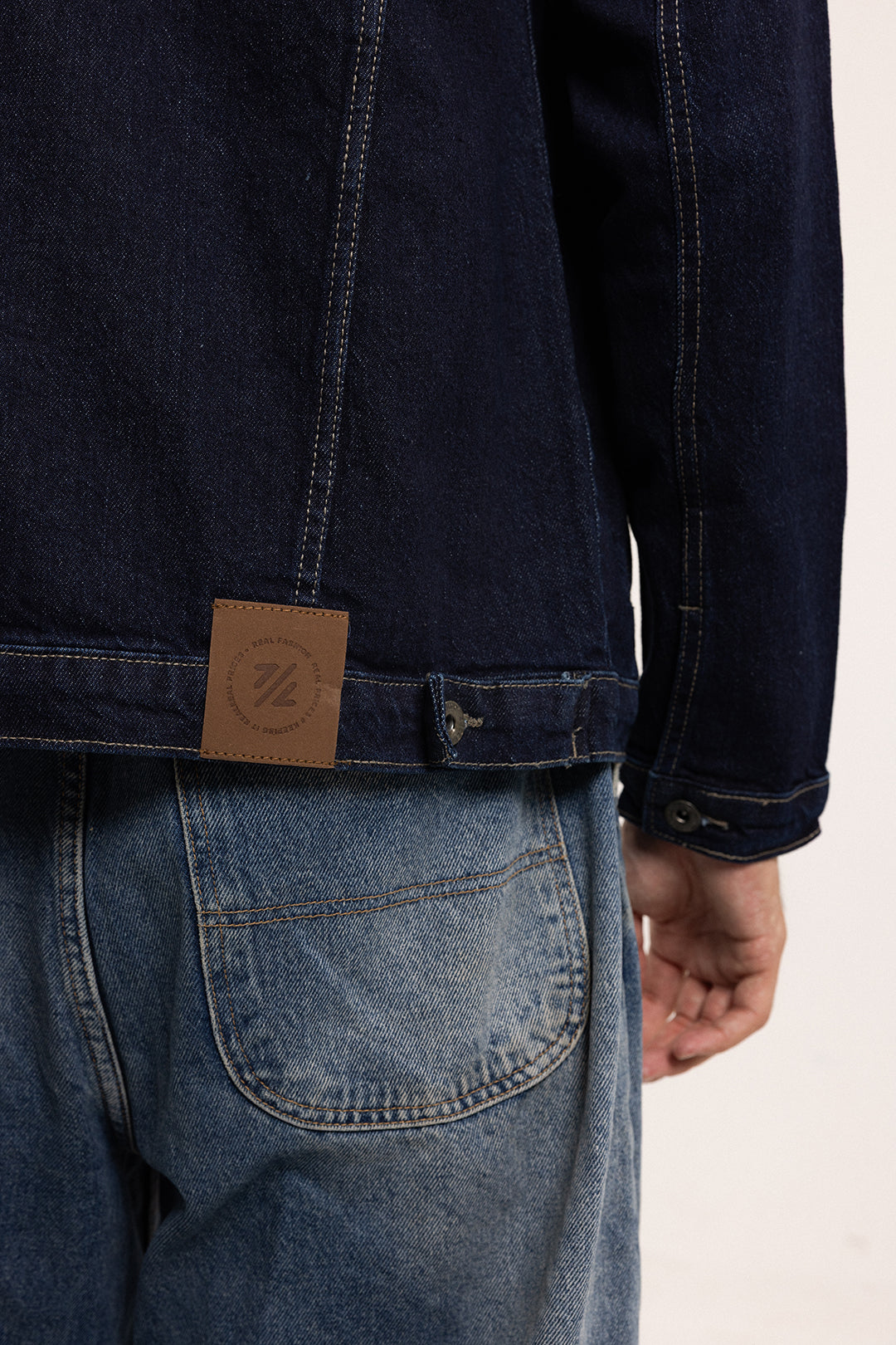Men's indigo button-front jacket with point collar and chest pockets